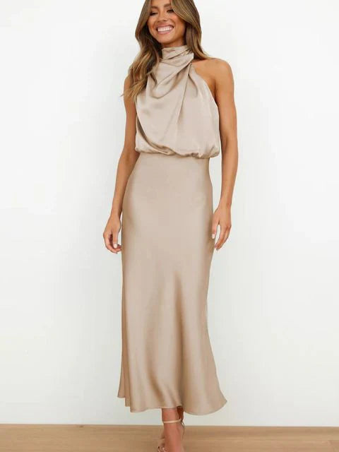 Women's Elegant High-Neck Satin Maxi Dress – Flattering Evening Wear-The Yellow Prime