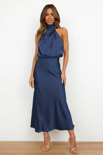 Women's Elegant High-Neck Satin Maxi Dress – Flattering Evening Wear-The Yellow Prime