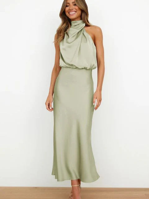 Women's Elegant High-Neck Satin Maxi Dress – Flattering Evening Wear-The Yellow Prime
