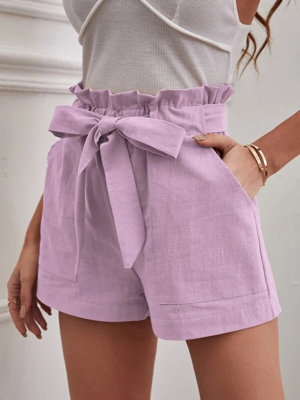 Women's Elegant Linen Shorts with Tie Belt and Wide Waistband-The Yellow Prime