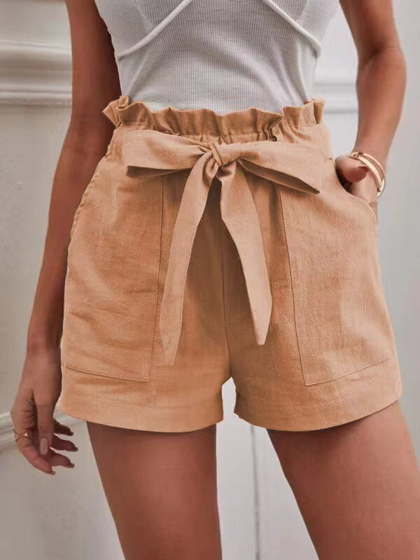 Women's Elegant Linen Shorts with Tie Belt and Wide Waistband-The Yellow Prime