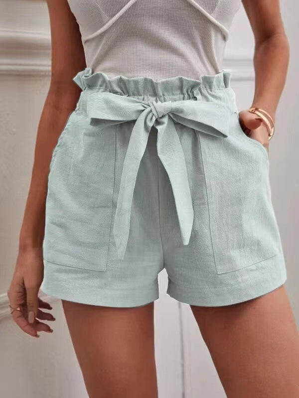 Women's Elegant Linen Shorts with Tie Belt and Wide Waistband-The Yellow Prime