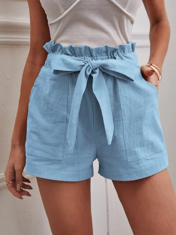 Women's Elegant Linen Shorts with Tie Belt and Wide Waistband-The Yellow Prime