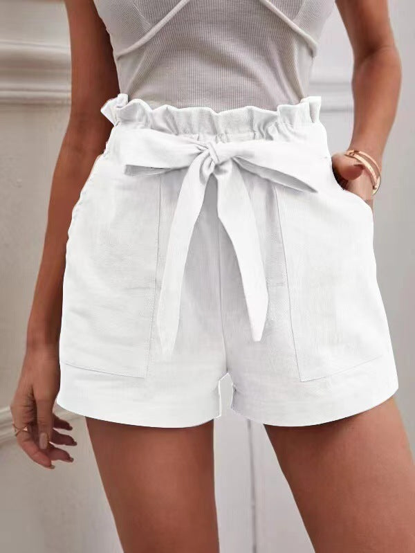 Women's Elegant Linen Shorts with Tie Belt and Wide Waistband-The Yellow Prime