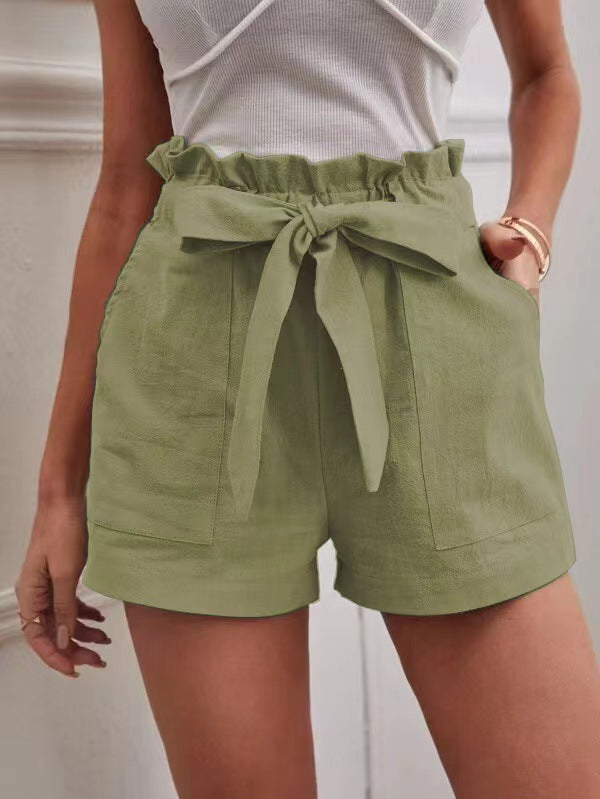 Women's Elegant Linen Shorts with Tie Belt and Wide Waistband-The Yellow Prime