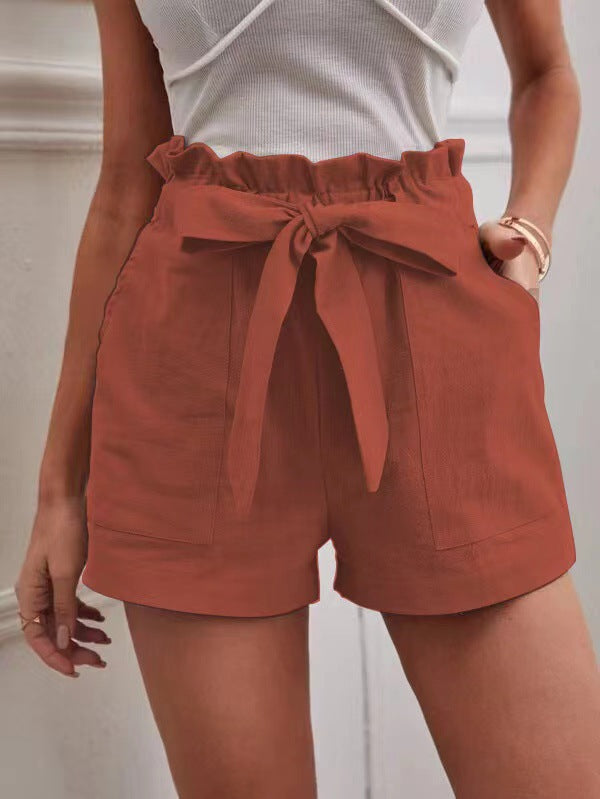 Women's Elegant Linen Shorts with Tie Belt and Wide Waistband-The Yellow Prime