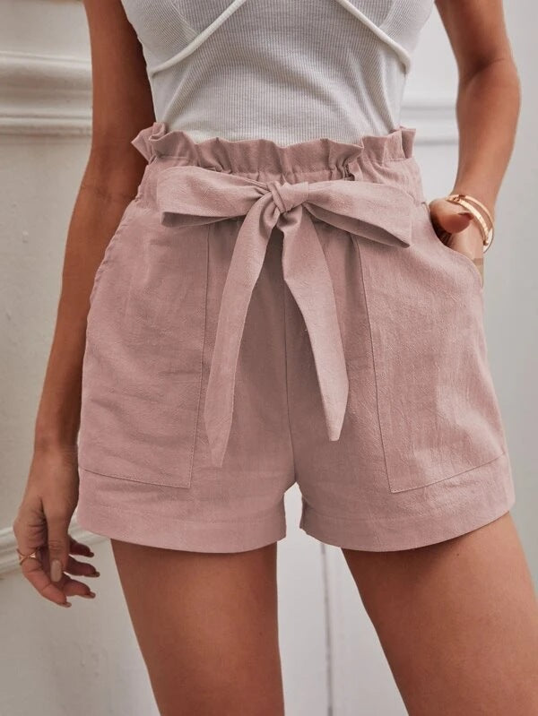 Women's Elegant Linen Shorts with Tie Belt and Wide Waistband-The Yellow Prime