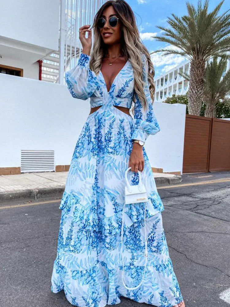 Women’s Elegant Maxi Dress – Long-Sleeved Leaf Print with Flowing Fit-The Yellow Prime