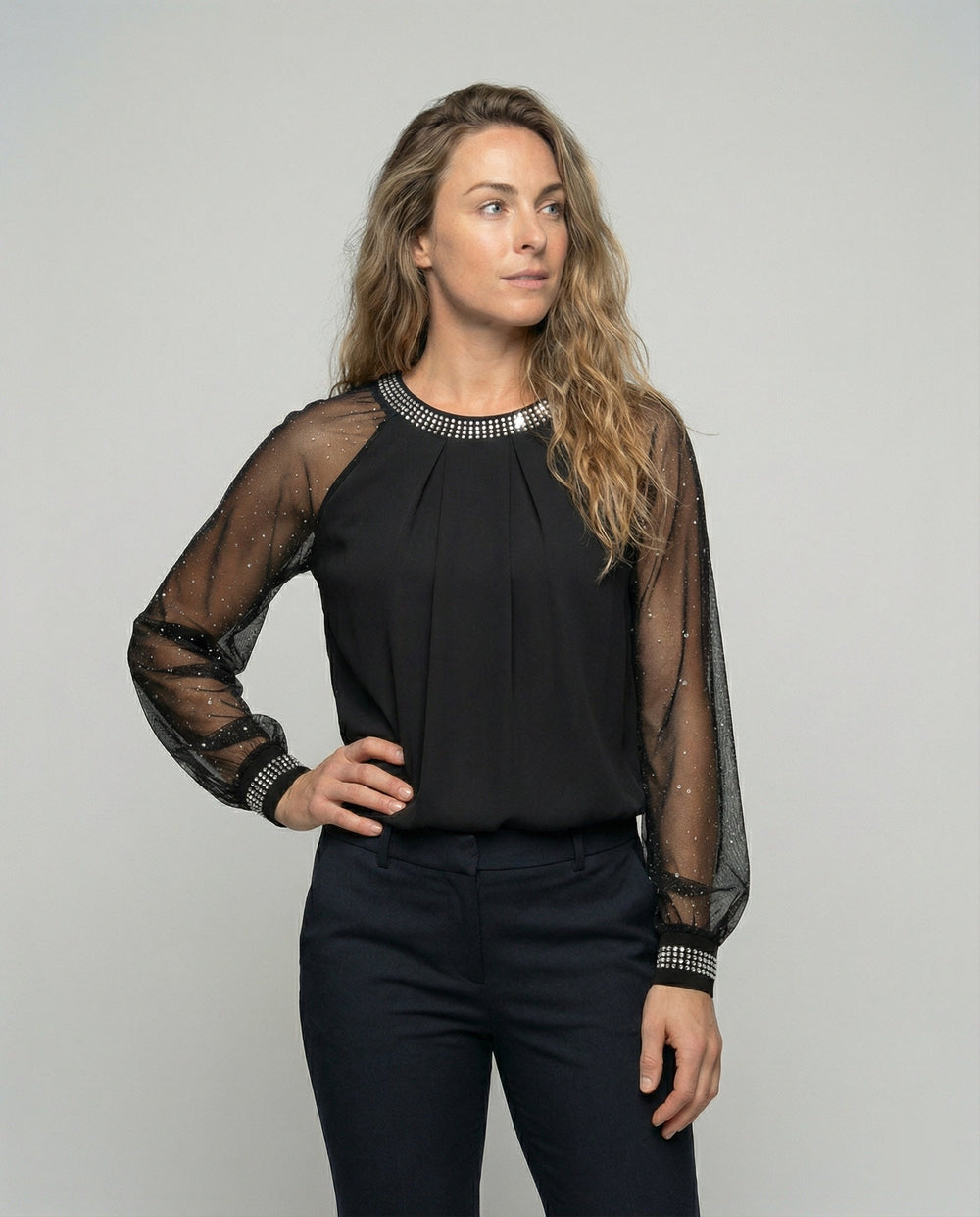 Women's Elegant Mesh Top with Sequins and Sheer Sleeves-The Yellow Prime