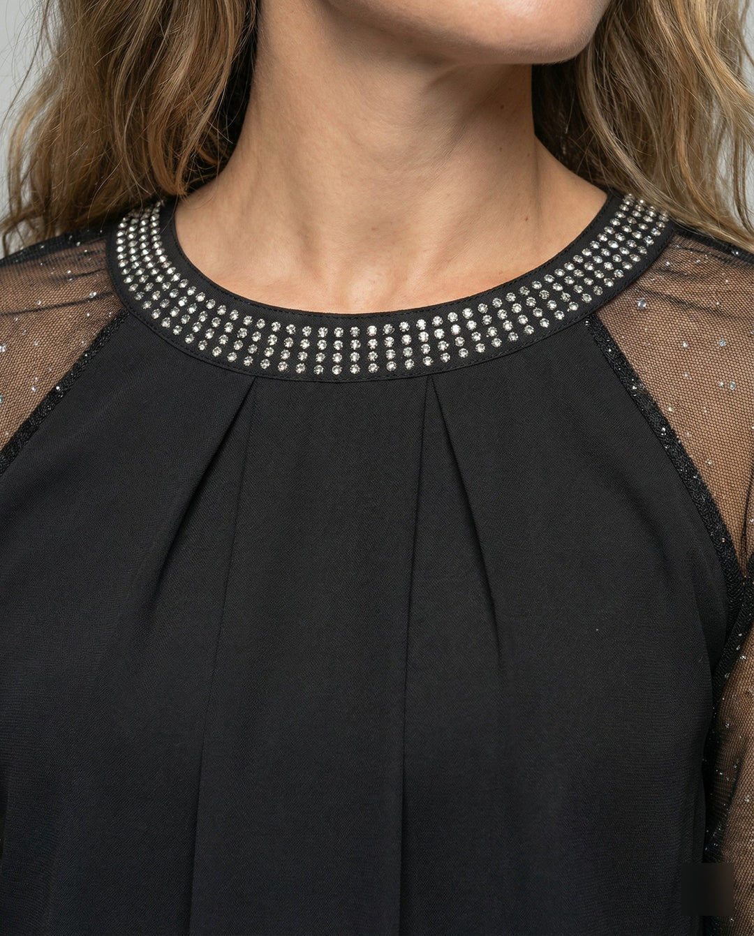 Women's Elegant Mesh Top with Sequins and Sheer Sleeves-The Yellow Prime