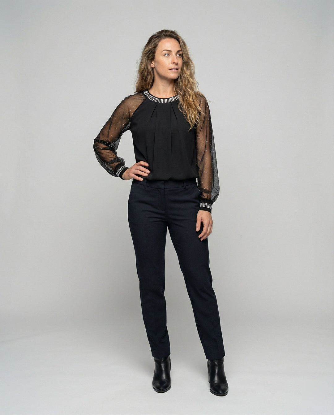 Women's Elegant Mesh Top with Sequins and Sheer Sleeves-The Yellow Prime