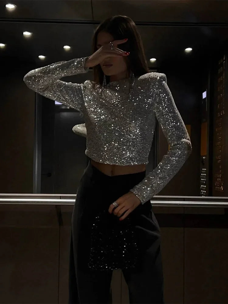Women's Elegant Sequin Cropped Top-The Yellow Prime