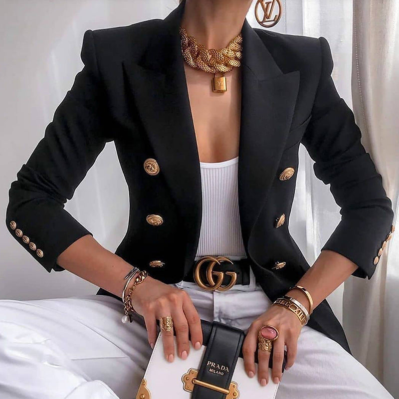 Women's Elegant Tailored Blazer Jacket with Gold Buttons-The Yellow Prime