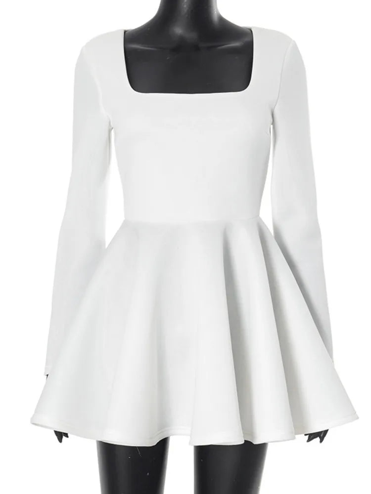 Women's Elegant White Mini Dress with Square Neckline-The Yellow Prime