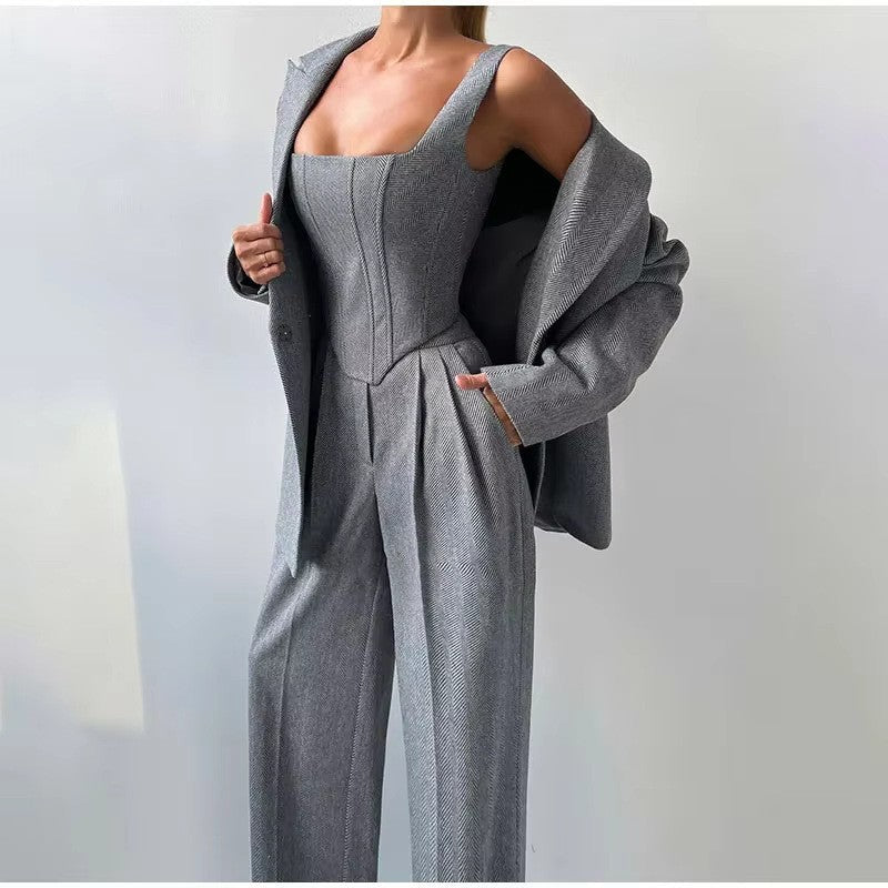 Women's Fitted Blazer Suit with Wide Leg Pants for Stylish Look-The Yellow Prime