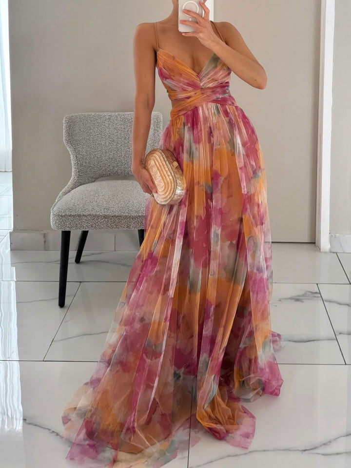 Women's Floral A-Line Maxi Dress with Painted Design-The Yellow Prime