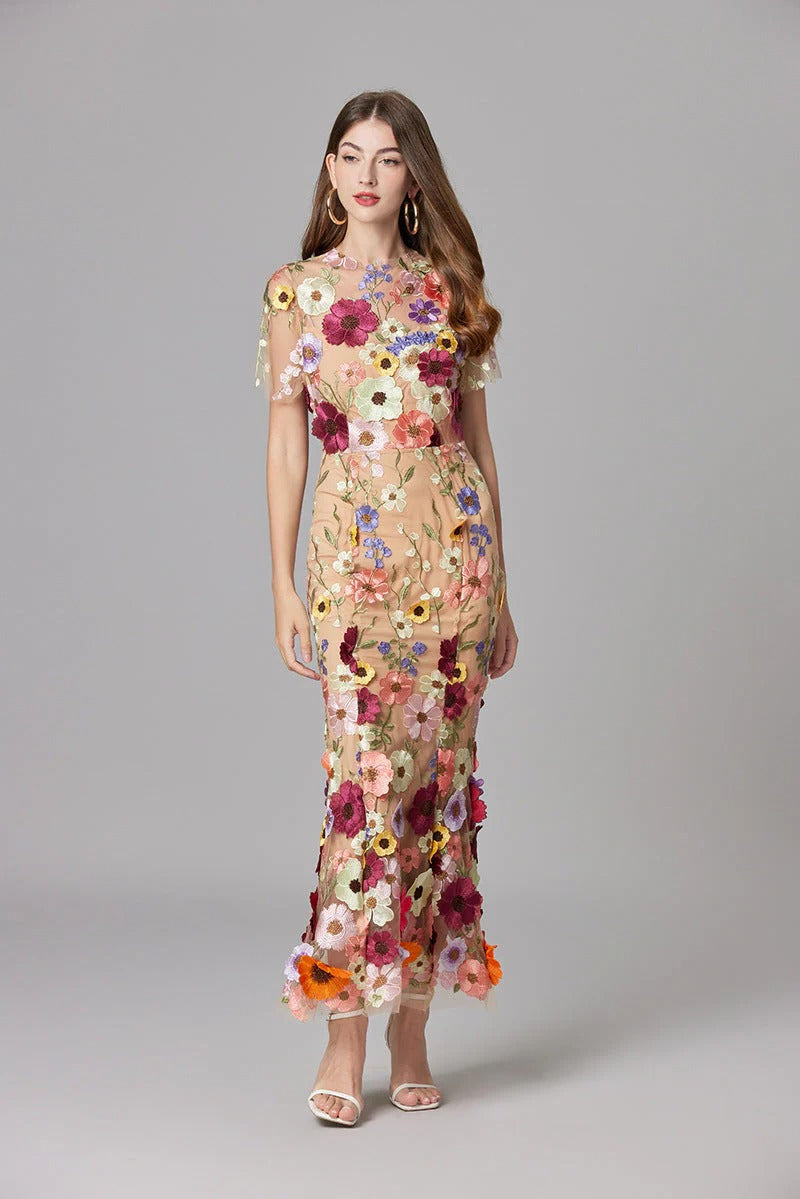 Women's Floral Mesh Maxi Evening Dress-The Yellow Prime