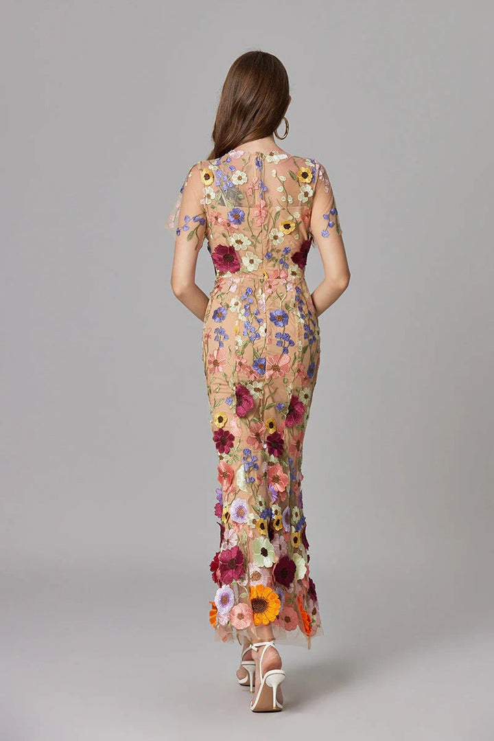Women's Floral Mesh Maxi Evening Dress-The Yellow Prime