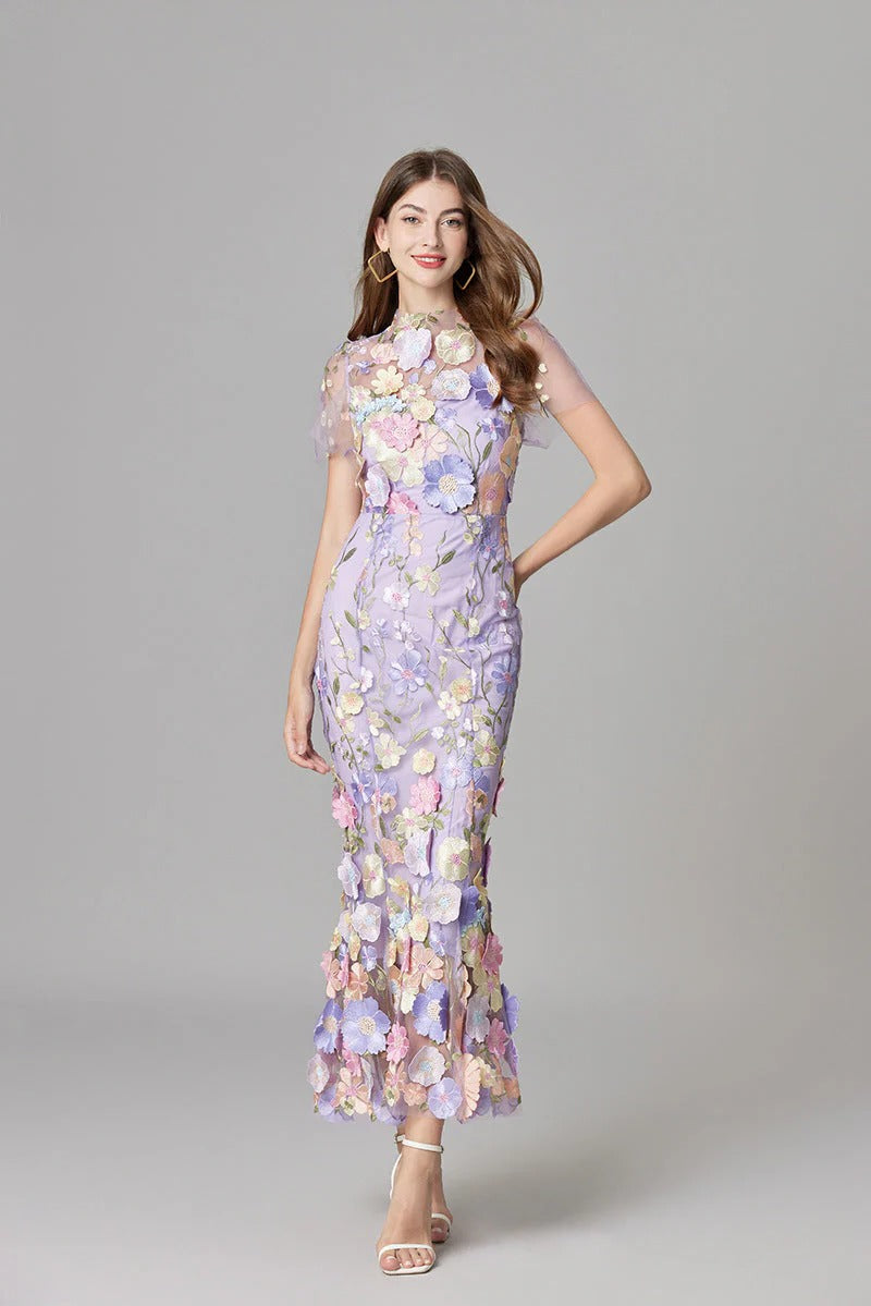 Women's Floral Mesh Maxi Evening Dress-The Yellow Prime