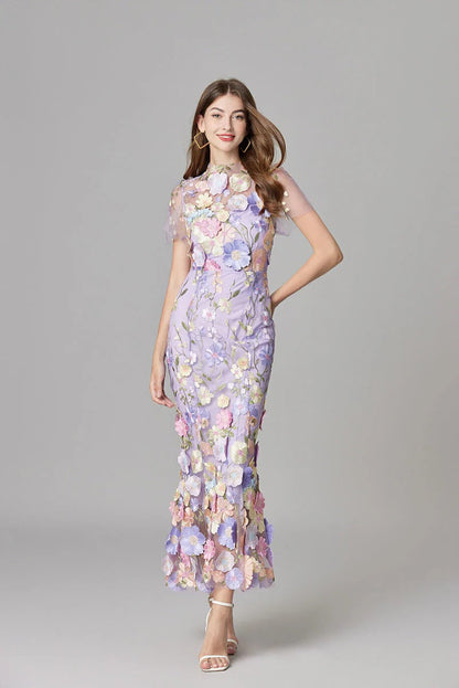 Women's Floral Mesh Maxi Evening Dress-The Yellow Prime