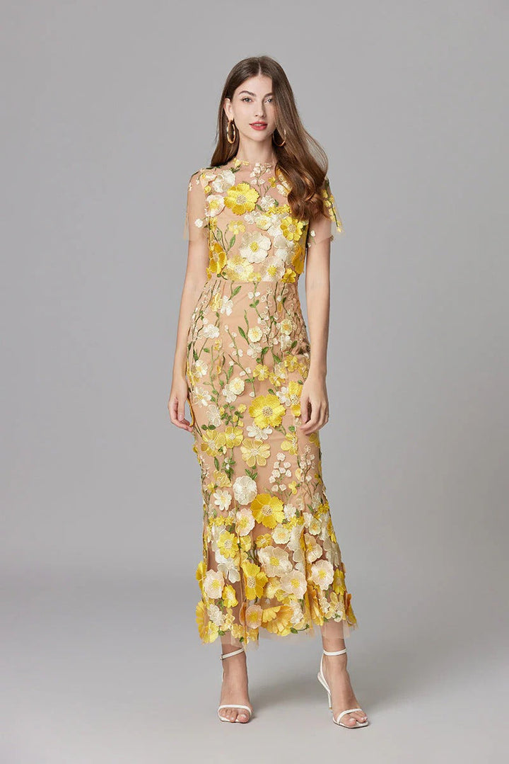 Women's Floral Mesh Maxi Evening Dress-The Yellow Prime