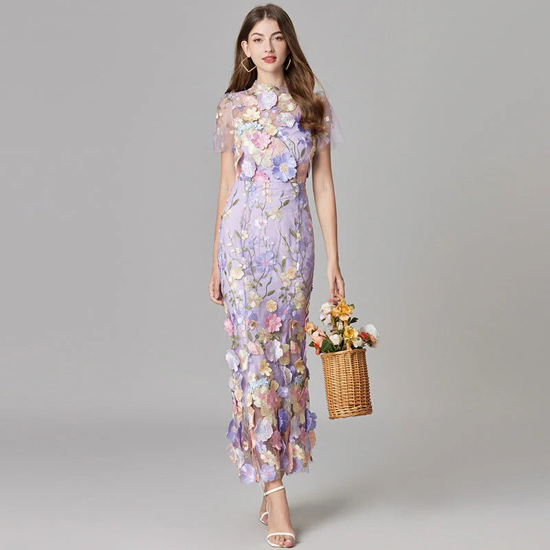 Women's Floral Mesh Maxi Evening Dress-The Yellow Prime
