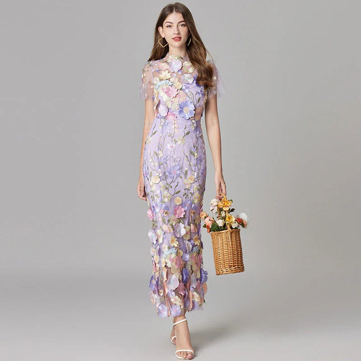 Women's Floral Mesh Maxi Evening Dress-The Yellow Prime