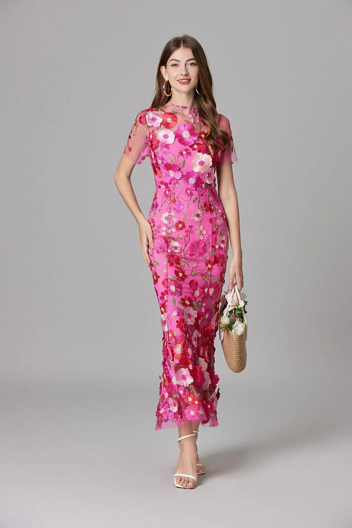 Women's Floral Mesh Maxi Evening Dress-The Yellow Prime