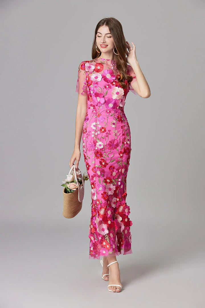 Women's Floral Mesh Maxi Evening Dress-The Yellow Prime