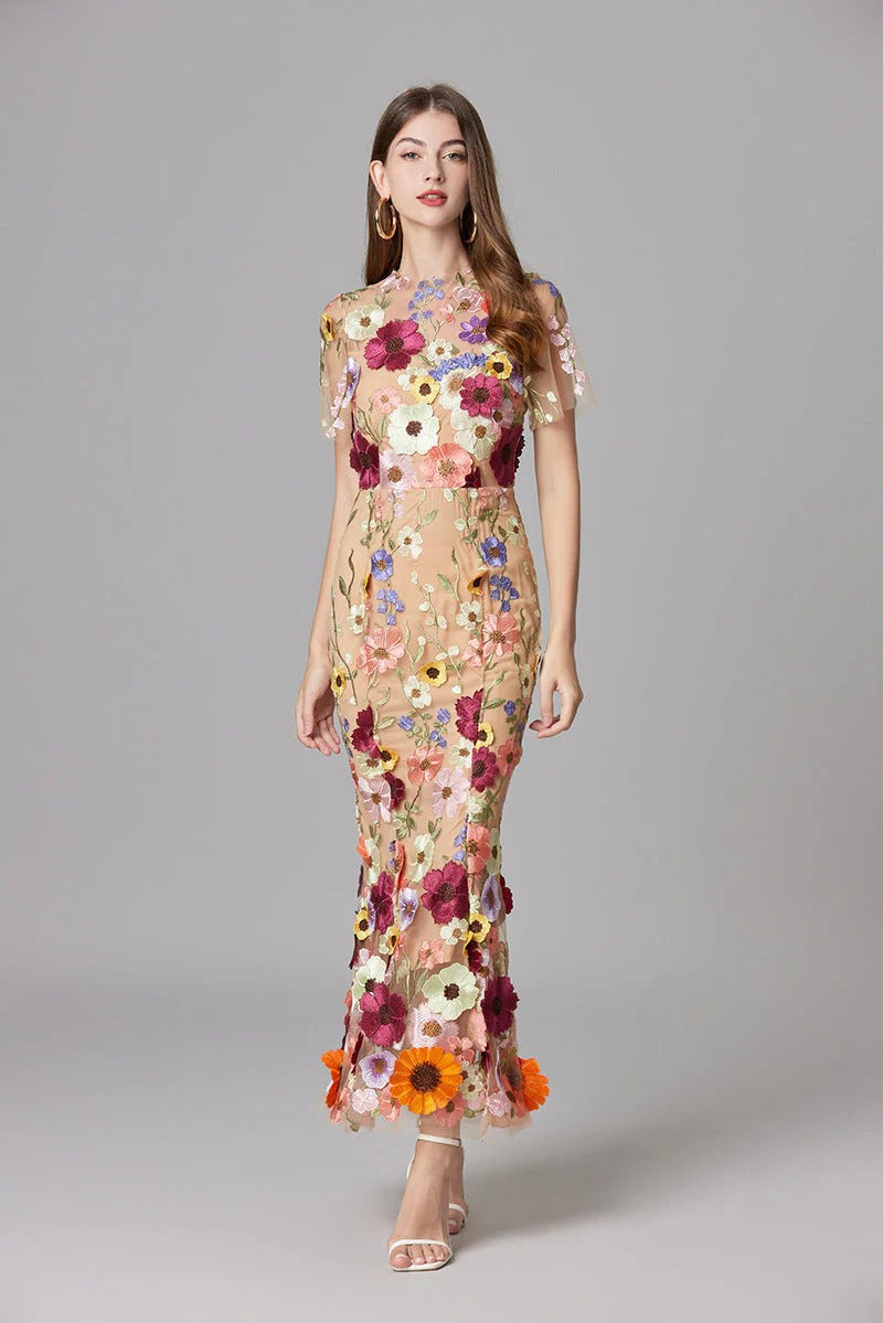 Women's Floral Mesh Maxi Evening Dress-The Yellow Prime