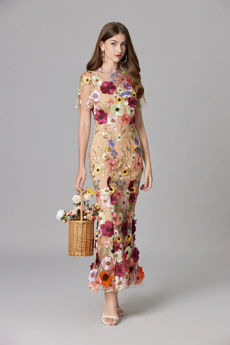 Women's Floral Mesh Maxi Evening Dress-The Yellow Prime