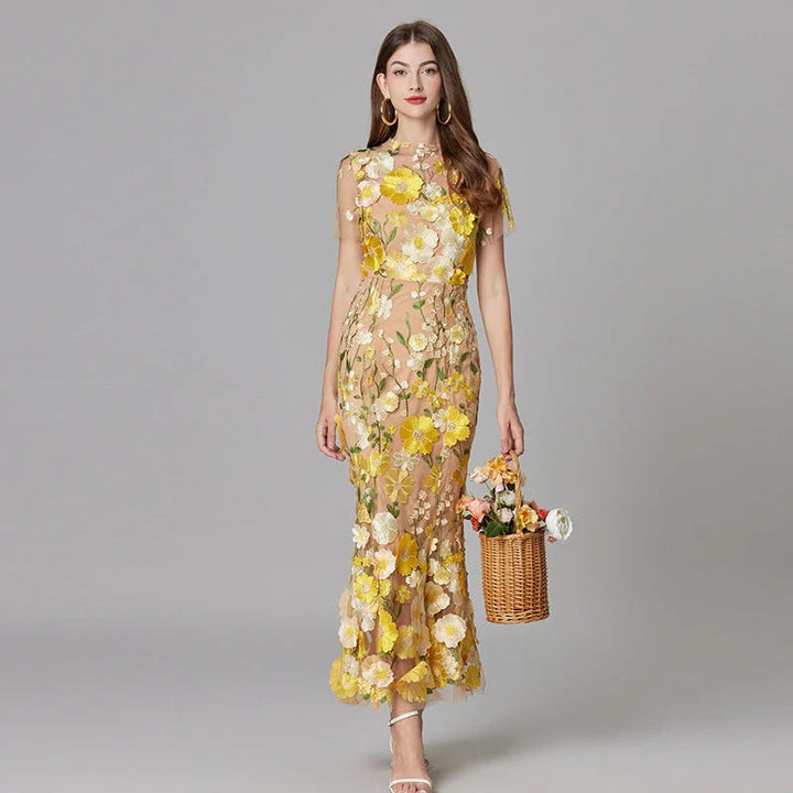 Women's Floral Mesh Maxi Evening Dress-The Yellow Prime