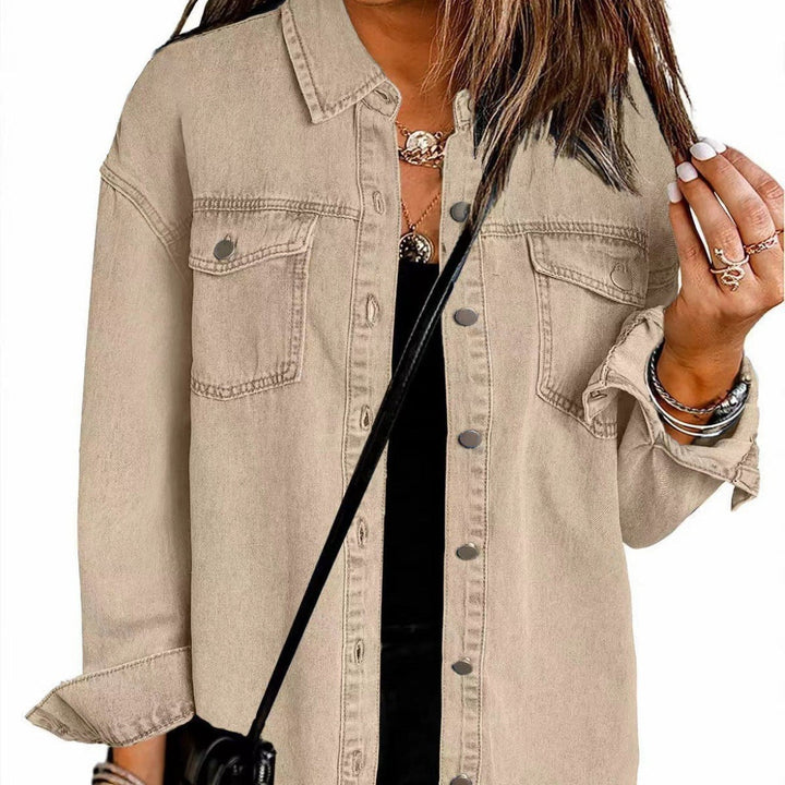 Women's Frayed Hem Denim Overshirt with Chest Pockets-The Yellow Prime