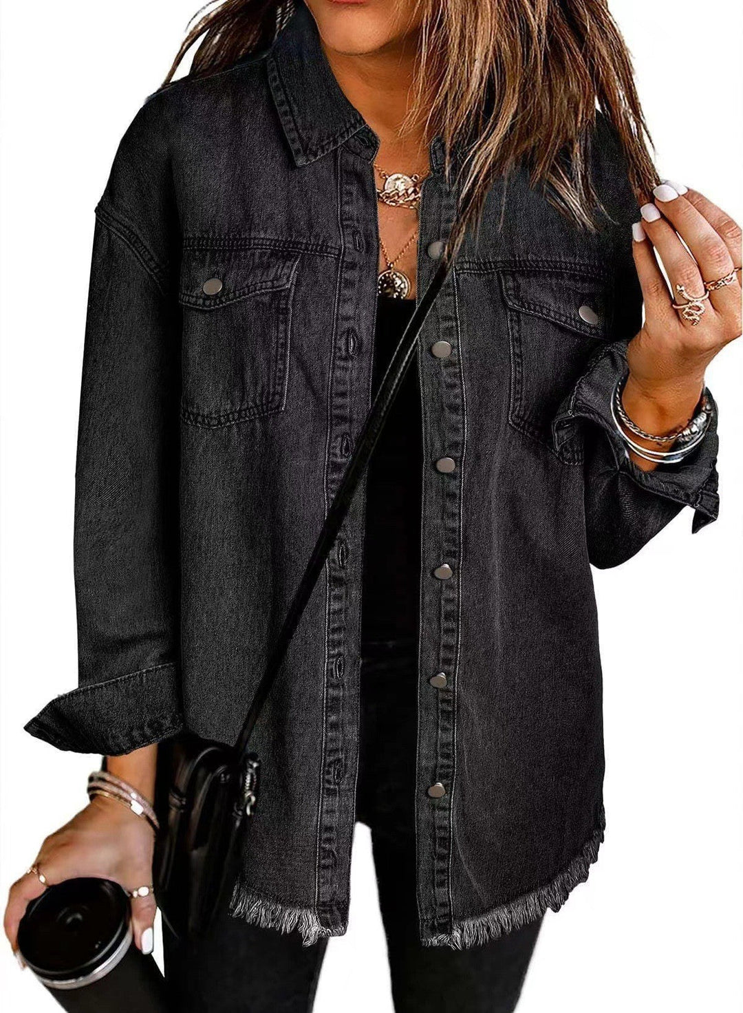 Women's Frayed Hem Denim Overshirt with Chest Pockets-The Yellow Prime