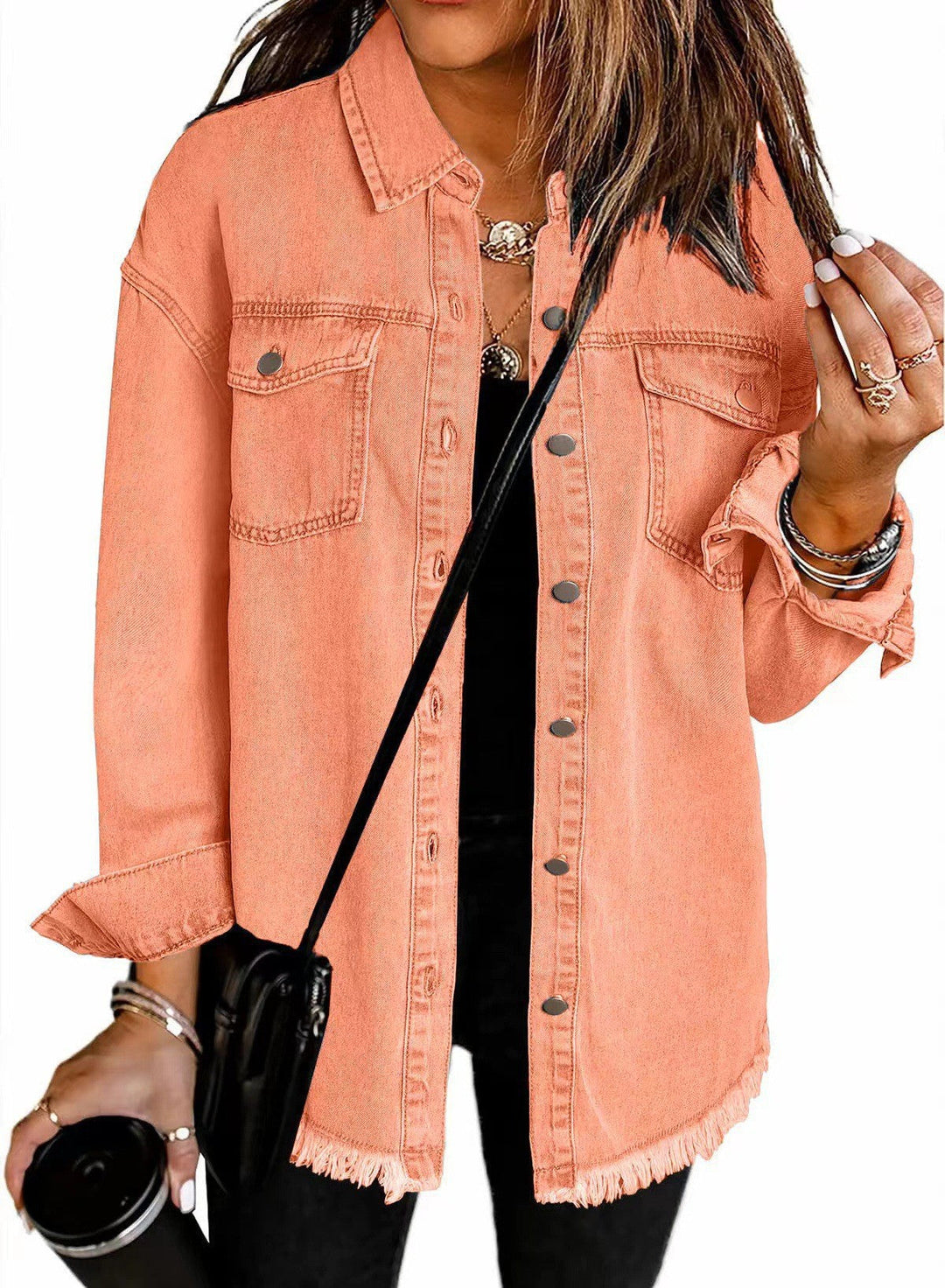 Women's Frayed Hem Denim Overshirt with Chest Pockets-The Yellow Prime