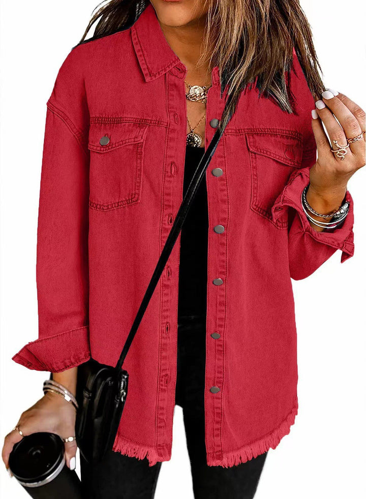 Women's Frayed Hem Denim Overshirt with Chest Pockets-The Yellow Prime