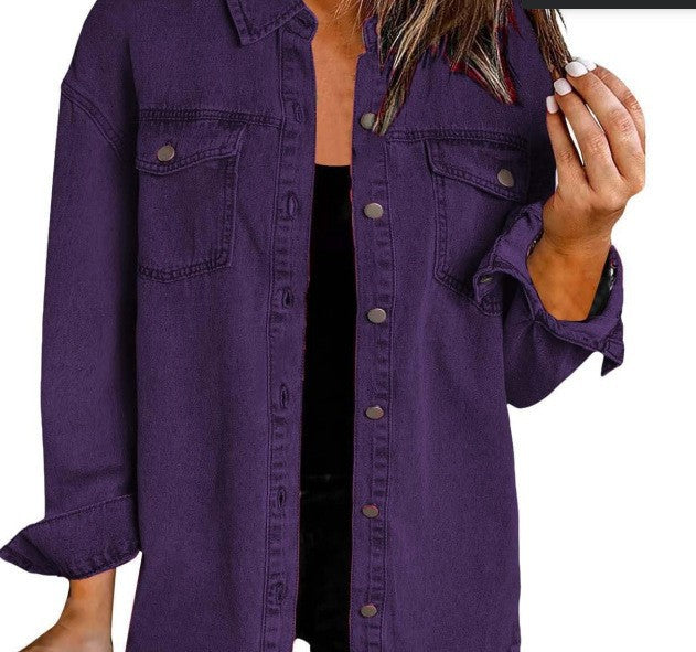Women's Frayed Hem Denim Overshirt with Chest Pockets-The Yellow Prime
