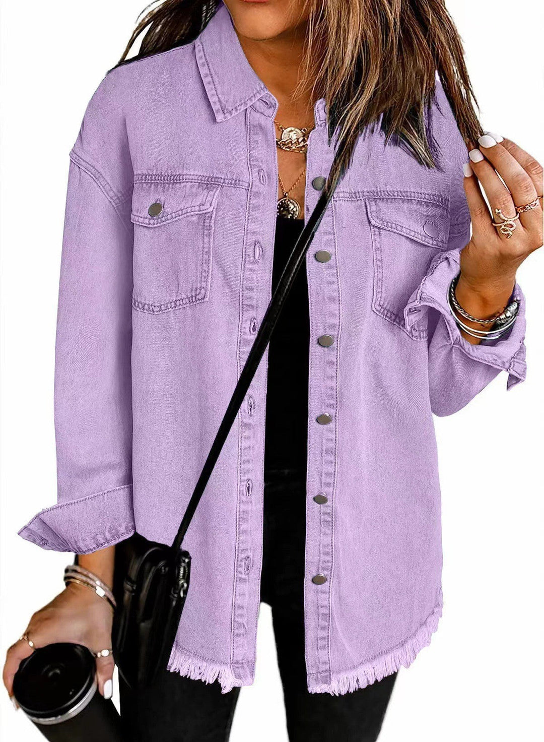 Women's Frayed Hem Denim Overshirt with Chest Pockets-The Yellow Prime