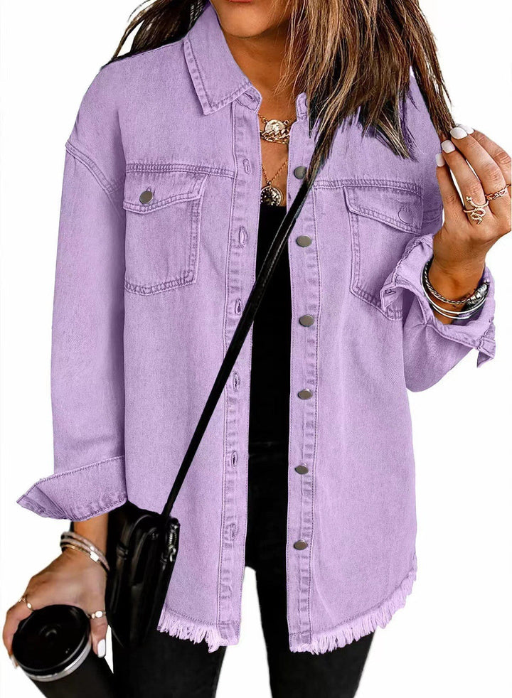 Women's Frayed Hem Denim Overshirt with Chest Pockets-The Yellow Prime