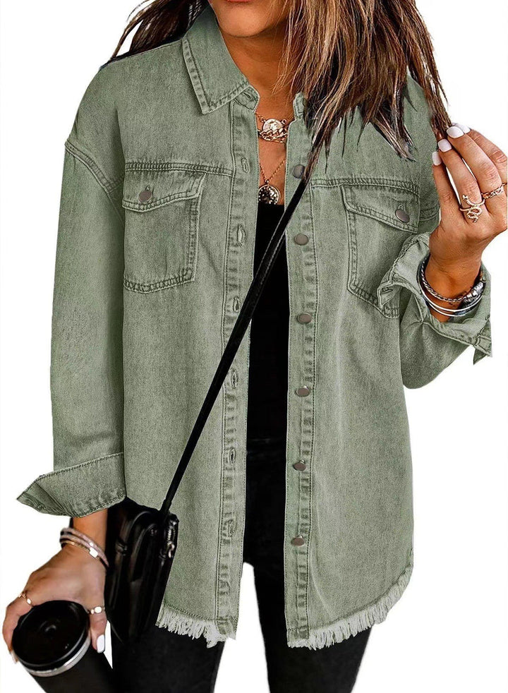 Women's Frayed Hem Denim Overshirt with Chest Pockets-The Yellow Prime