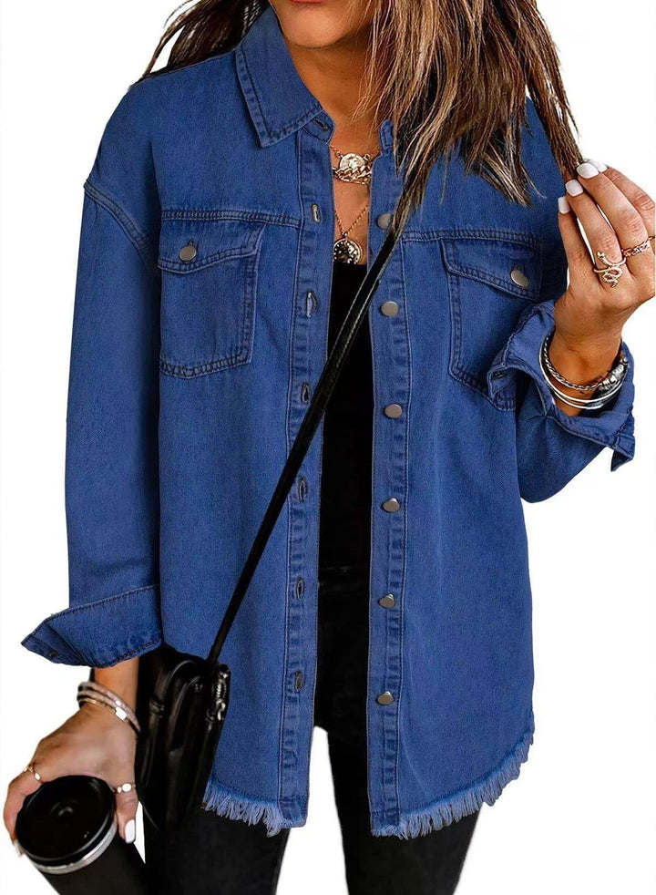 Women's Frayed Hem Denim Overshirt with Chest Pockets-The Yellow Prime