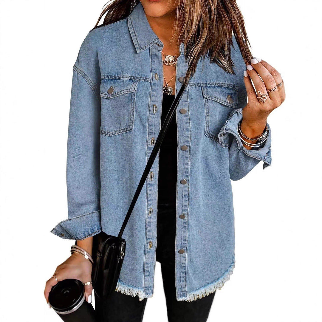 Women's Frayed Hem Denim Overshirt with Chest Pockets-The Yellow Prime