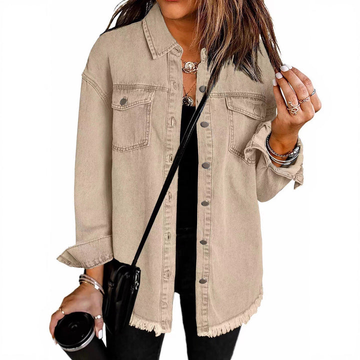 Women's Frayed Hem Denim Overshirt with Chest Pockets-The Yellow Prime