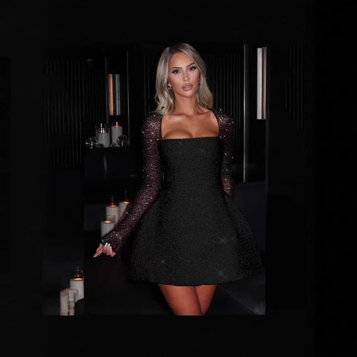 Women's Glamorous Mini Dress with Sheer Lace Sleeves and Fitted Design-The Yellow Prime