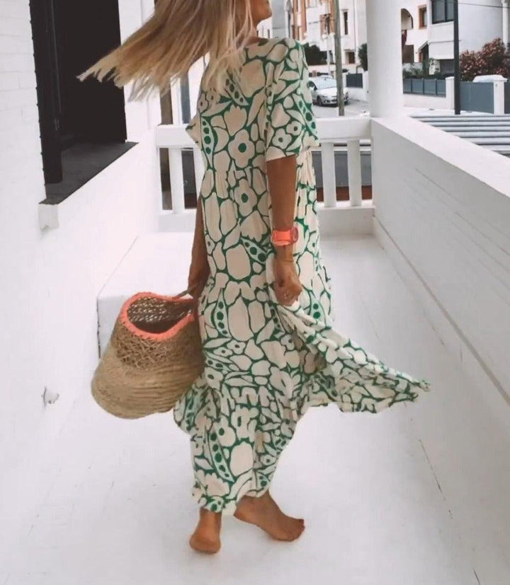 Women's Green Maxi Dress with Short Sleeves-The Yellow Prime