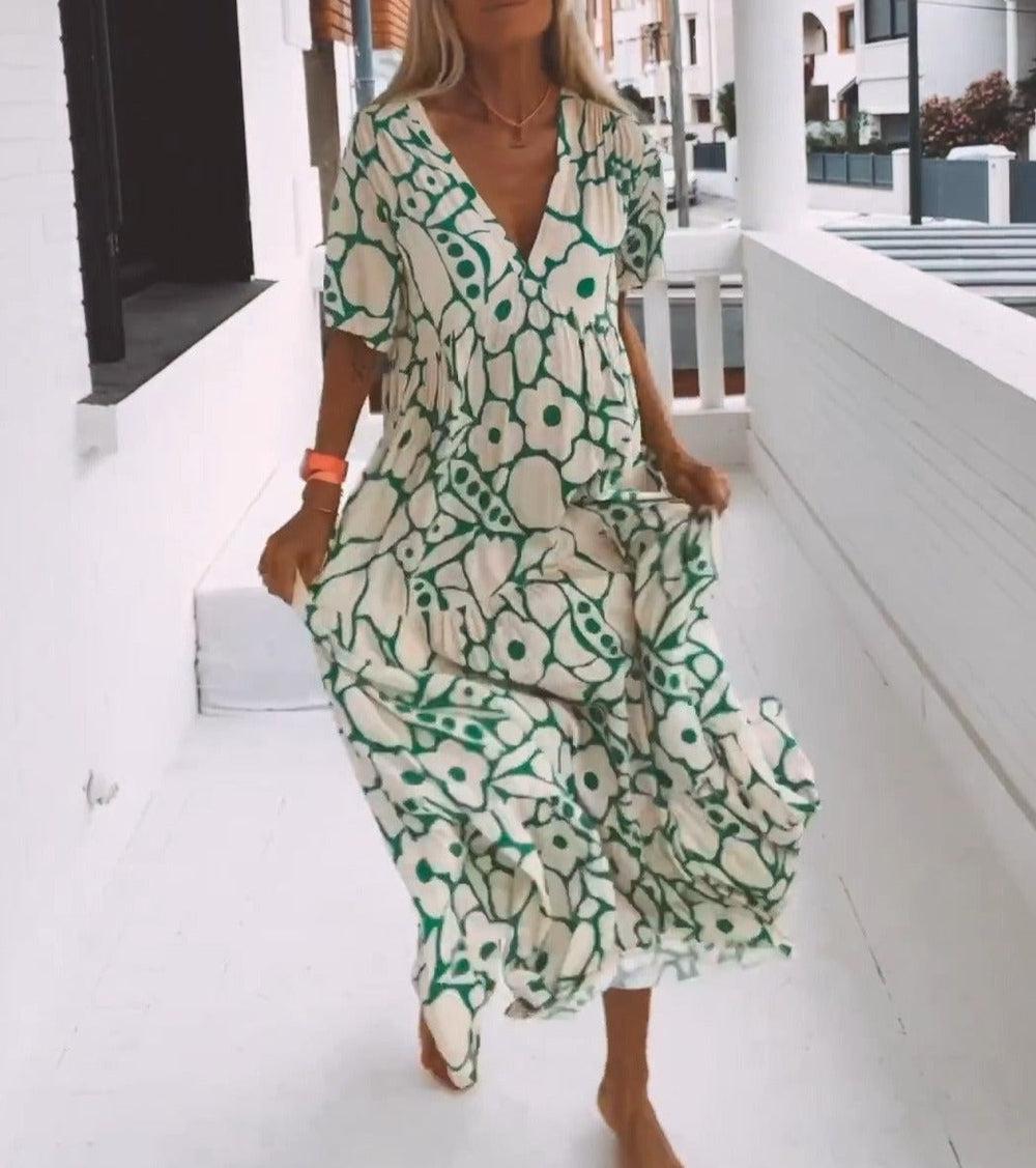 Women's Green Maxi Dress with Short Sleeves-The Yellow Prime