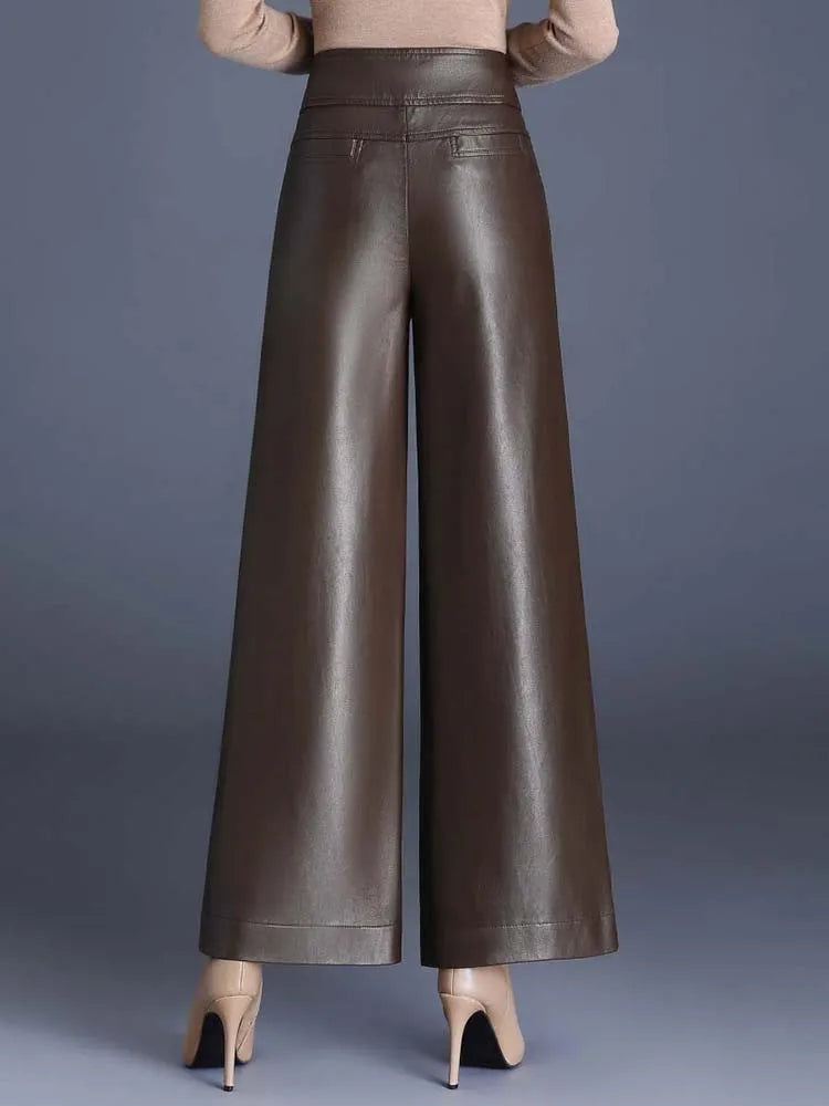 Women's High-Rise Glossy Leather Wide-Leg Trousers-The Yellow Prime