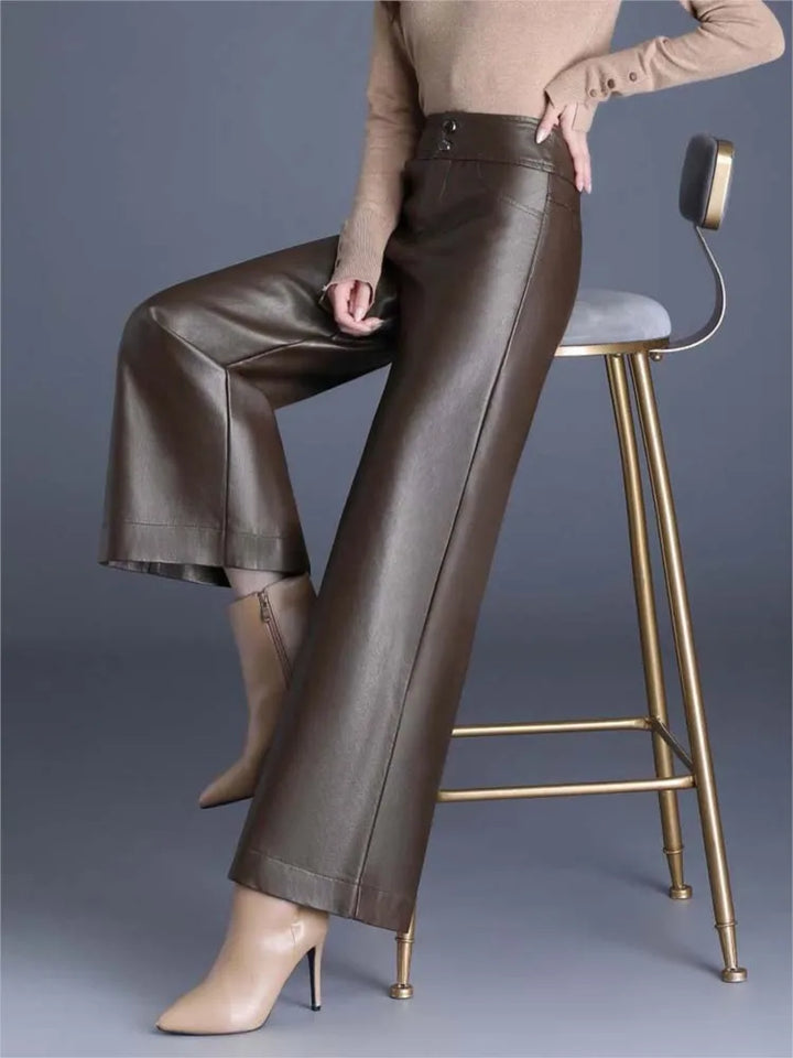 Women's High-Rise Glossy Leather Wide-Leg Trousers-The Yellow Prime