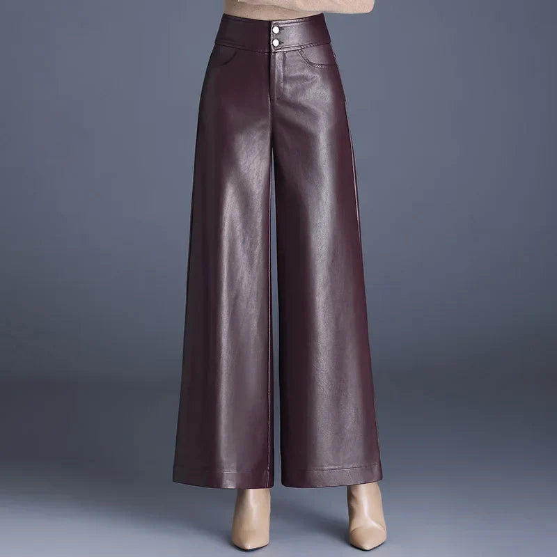 Women's High-Rise Glossy Leather Wide-Leg Trousers-The Yellow Prime