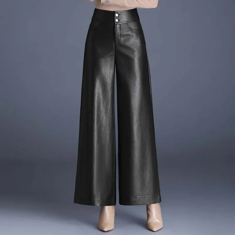Women's High-Rise Glossy Leather Wide-Leg Trousers-The Yellow Prime